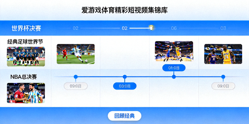爱游戏体育精彩短视频集锦库回顾功能界面，展示经典足球世界杯决赛和篮球NBA总决赛的巅峰对决时刻