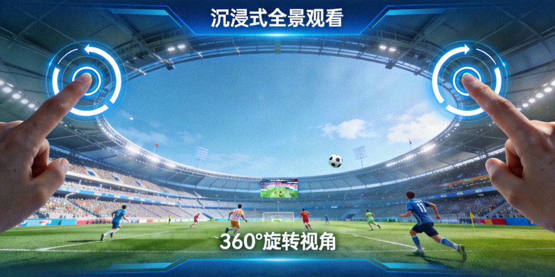 沉浸式全景观看功能演示截图，展示用户可以360度旋转视角观看足球比赛