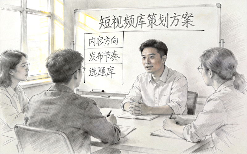 爱游戏体育内容团队在会议室讨论短视频库策划方案的白板草图