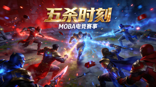 MOBA类电竞赛事五杀精彩瞬间短视频封面，团战画面激烈