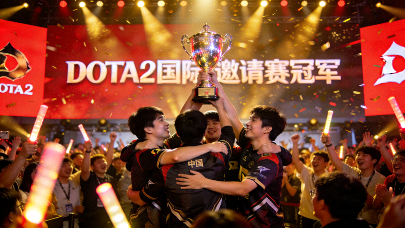 《DOTA2》国际邀请赛颁奖典礼，中国战队选手高举冠军奖杯，全场欢呼