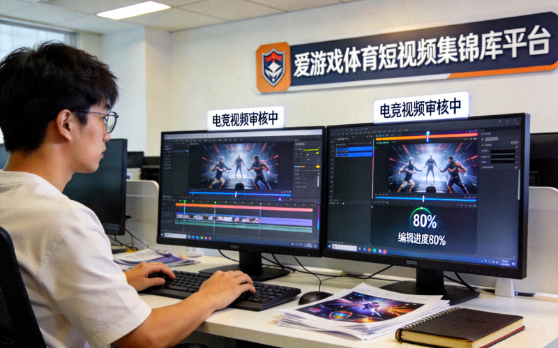 爱游戏体育短视频集锦库平台内容运营团队工作场景，正在审核与编辑电竞视频内容