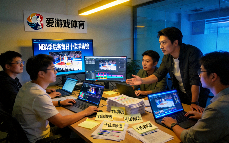 爱游戏体育内容编辑团队正在筛选和制作NBA季后赛每日十佳球集锦的工作场景