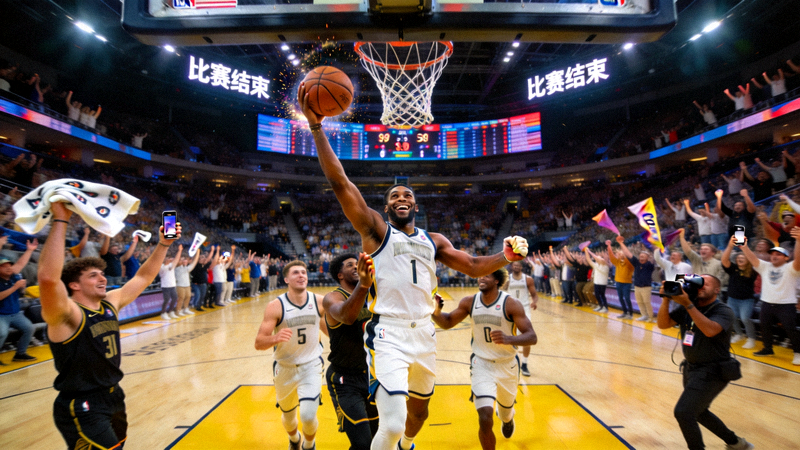 NBA球员在比赛最后时刻投进制胜三分球后庆祝的画面，全场沸腾