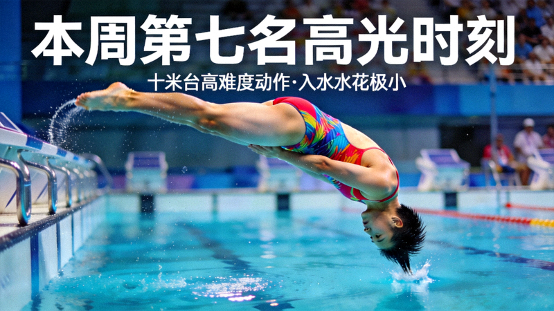 本周第七名高光时刻：跳水运动员从十米台起跳完成高难度动作，入水水花极小