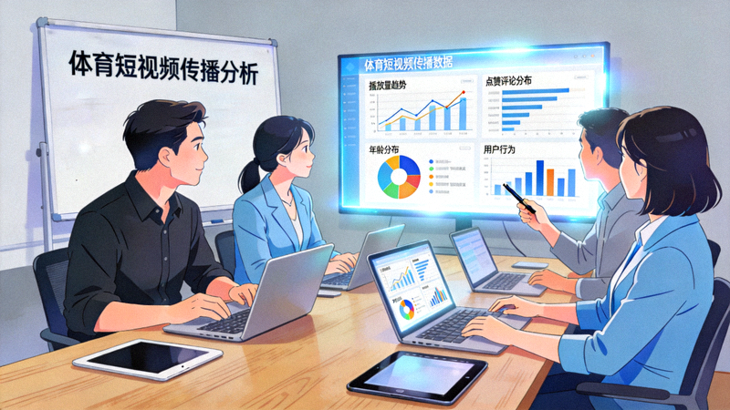 数据分析团队正在会议室分析体育短视频传播数据与用户行为图表
