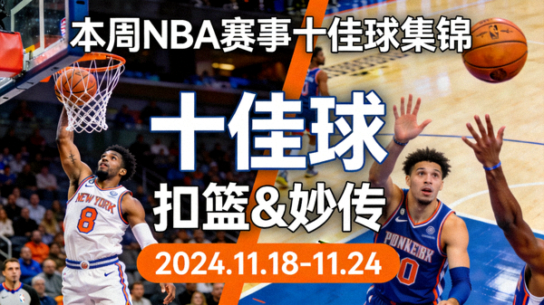 本周NBA赛事十佳球集锦短视频封面，扣篮和妙传画面