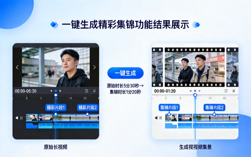 一键生成精彩集锦功能结果展示，对比原始长视频和生成的短视频集锦