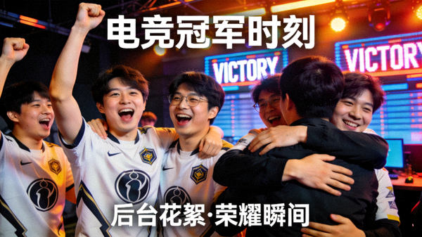 电竞比赛后台花絮短视频封面，展示获胜战队选手激动相拥庆祝的场景