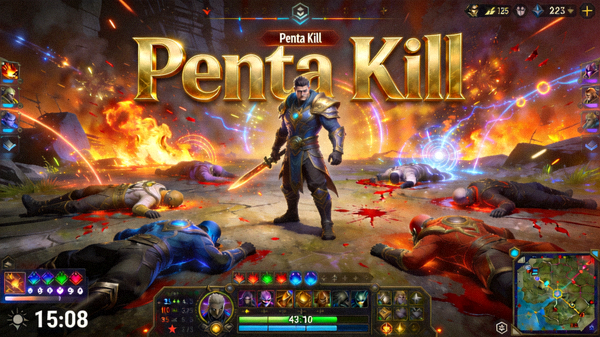 英雄联盟游戏中某位英雄完成五杀Penta Kill的震撼瞬间直播画面