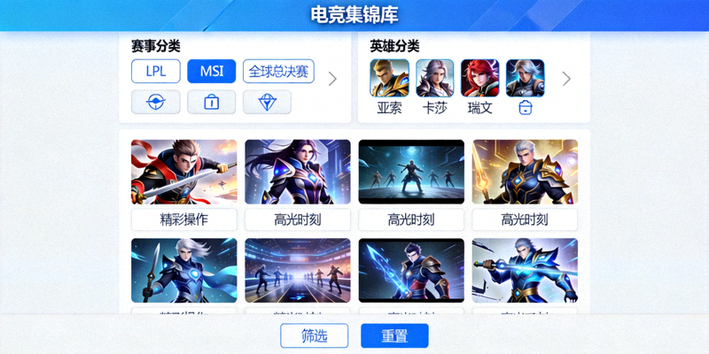电竞集锦库界面截图，展示按赛事和英雄分类的精彩视频筛选功能