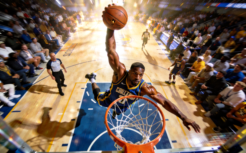 NBA球员高高跃起完成战斧式劈扣，身体完全舒展