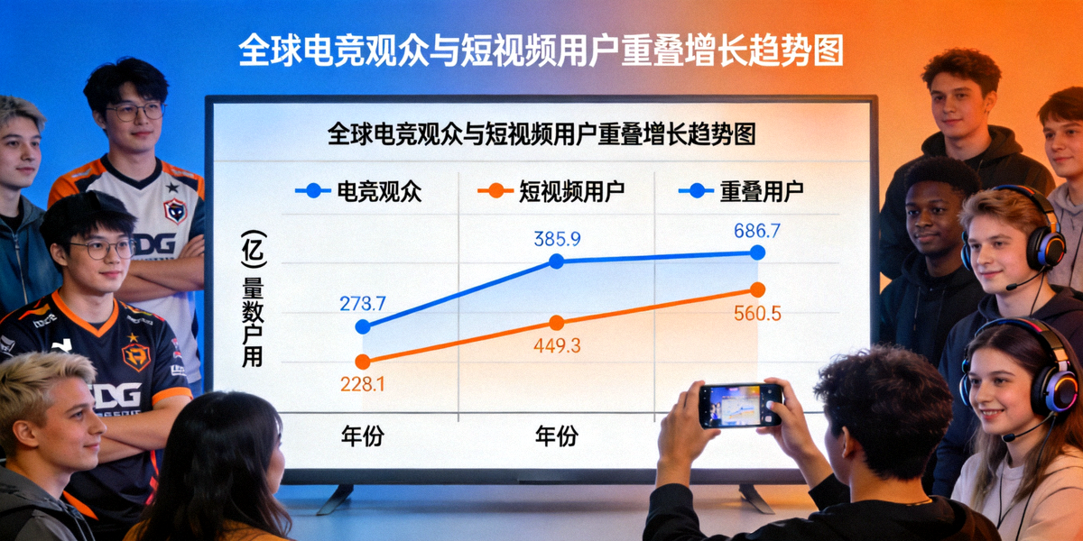 图表展示全球电竞观众与短视频用户重叠增长趋势，屏幕前聚集的多样化观众