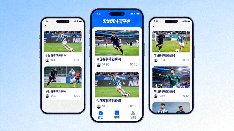爱游戏体育平台全新移动端应用界面设计概念图，展示简洁的短视频信息流布局