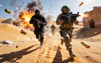 《CS:GO》游戏中恐怖分子与反恐精英在沙漠地图激战的紧张场面