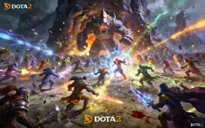 《DOTA2》游戏中肉山巢穴前爆发大规模团战的混乱而壮观场景