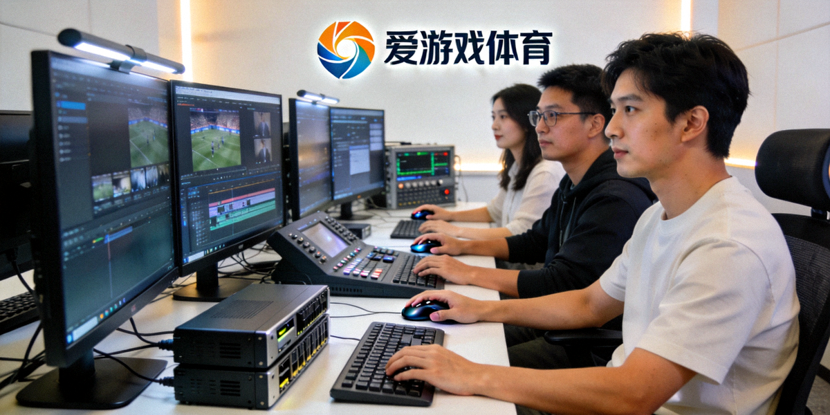 爱游戏体育视频制作团队在专业剪辑工作站上进行短视频后期制作的场景