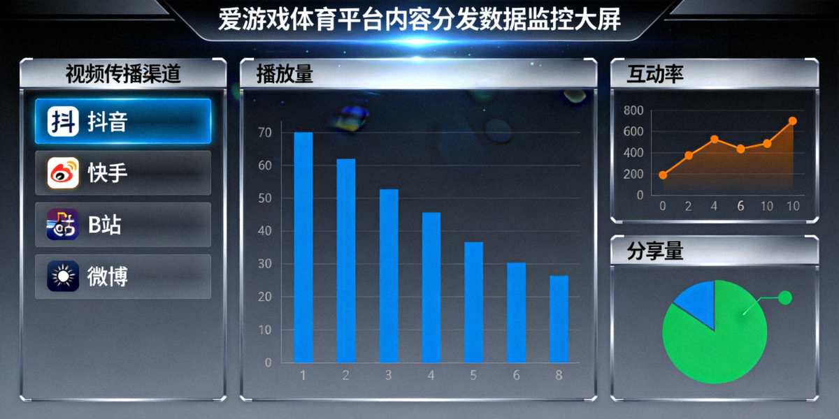 爱游戏体育平台内容分发数据监控大屏，展示视频在不同渠道的传播效果