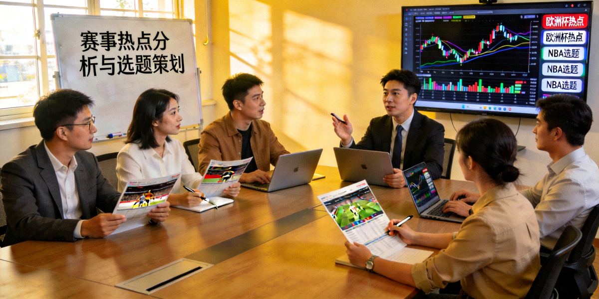 爱游戏体育内容团队正在进行赛事热点分析与选题策划会议的场景