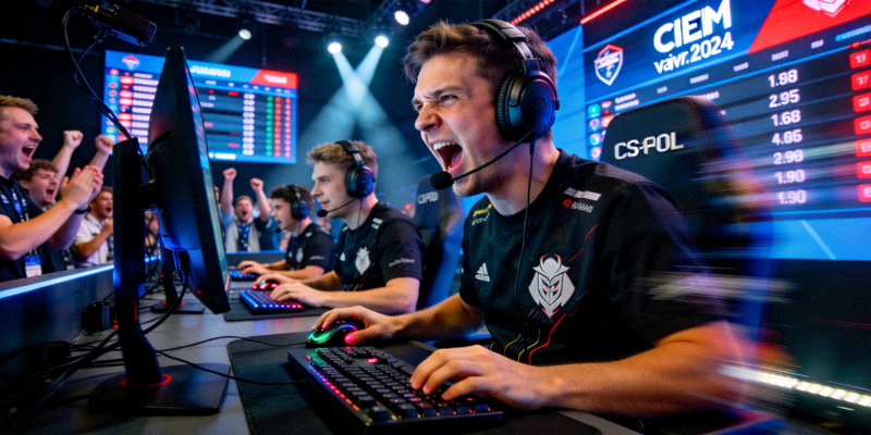 CS:GO IEM卡托维兹2024赛事现场，选手佩戴耳机激烈对战