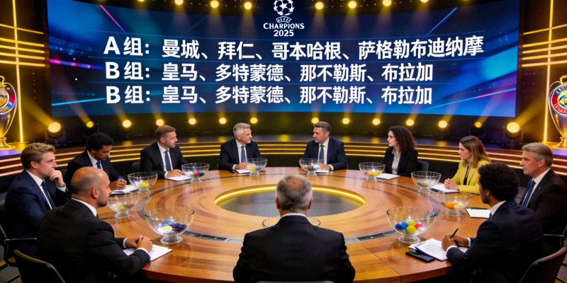 2025欧冠抽签仪式现场，大屏幕显示分组结果，各俱乐部代表齐聚一堂