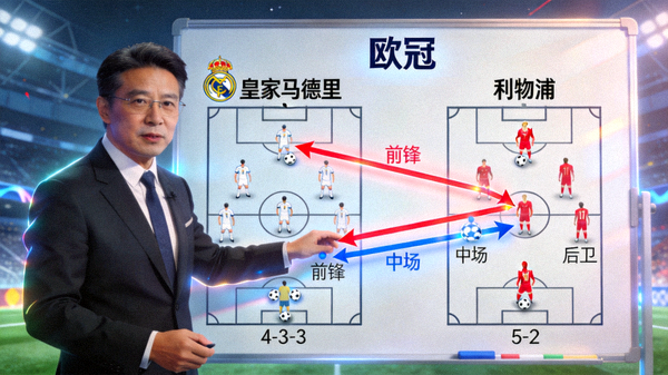 战术板显示欧冠球队阵型变化，专家用动画演示攻防转换路线