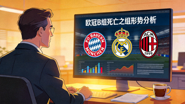 专家分析欧冠B组死亡之组形势，屏幕显示拜仁、皇马、AC米兰队徽