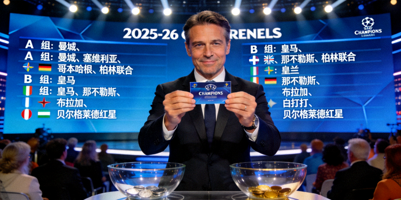 2025-26赛季欧冠抽签仪式现场，欧足联官员展示抽签结果，大屏幕显示分组情况