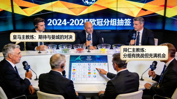 欧冠各队主教练在抽签后接受采访，谈论分组形势