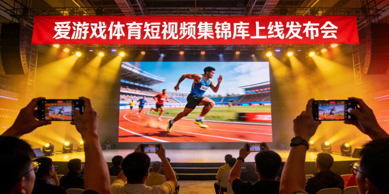 爱游戏体育短视频集锦库上线发布会现场，大屏幕展示运动员冲刺的精彩瞬间