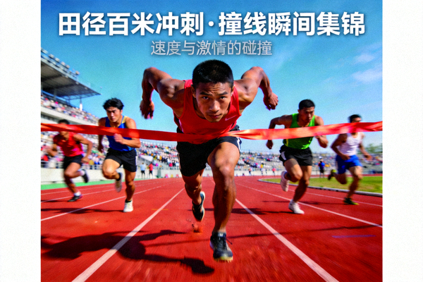 田径百米冲刺与终点撞线瞬间集锦短视频封面，红色跑道上全力奔跑的运动员