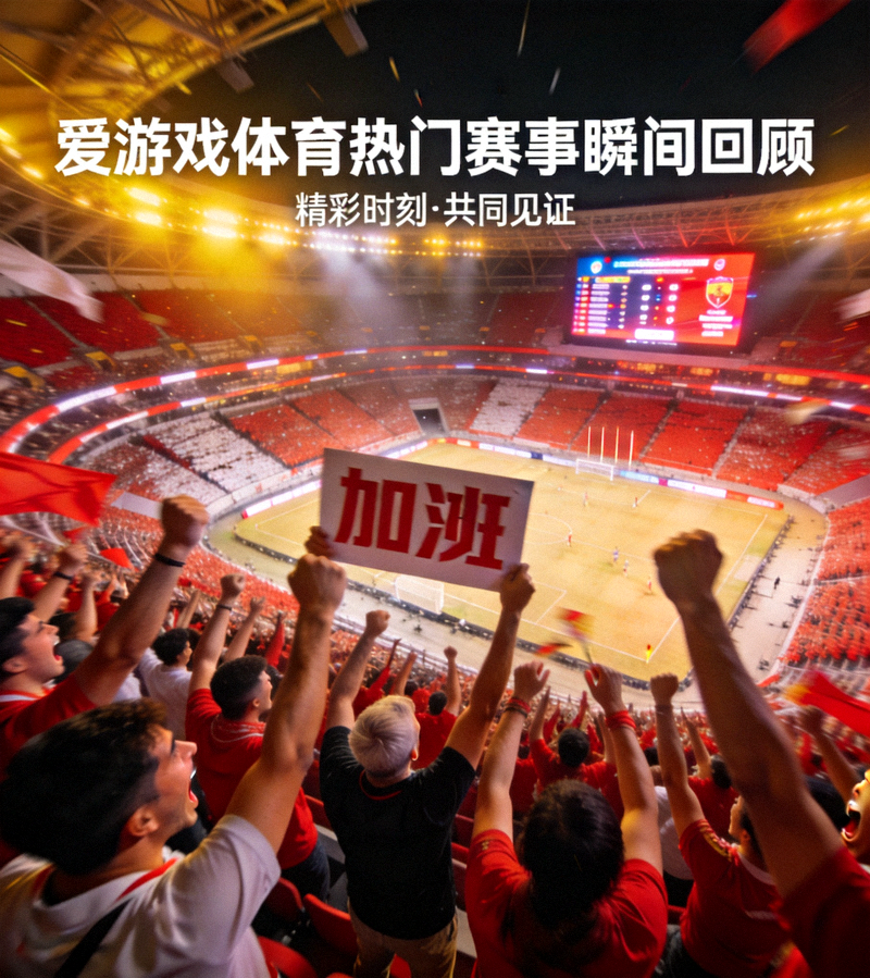 体育场看台上观众为比赛欢呼的场景，爱游戏体育热门赛事瞬间回顾配图