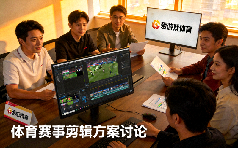 爱游戏体育内容团队协作场景，成员共同讨论体育赛事剪辑方案