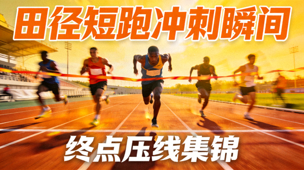 田径短跑冲刺与终点压线瞬间集锦短视频封面，跑道上的运动员