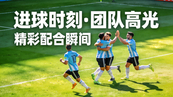 足球运动员庆祝进球与团队配合精彩片段短视频封面，绿茵场全景