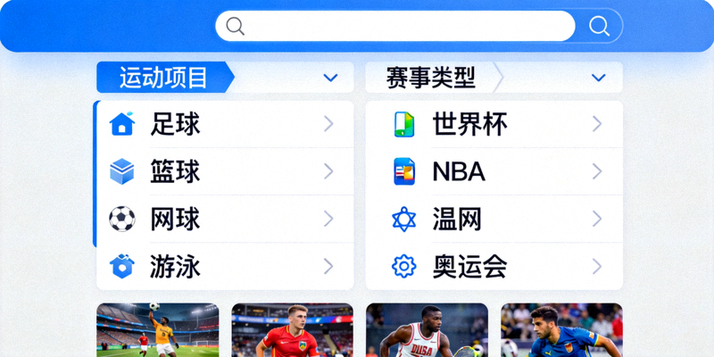 短视频分类筛选界面示意画面，展示按运动项目与赛事类型查找集锦