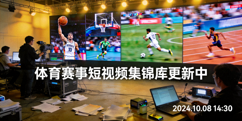 体育赛事短视频集锦库更新现场画面，大屏幕上播放多个赛事精彩瞬间