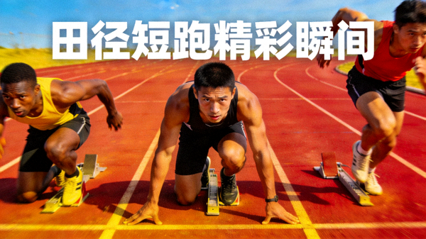 田径短跑比赛起跑与冲线精彩画面短视频封面，跑道上全力奔跑