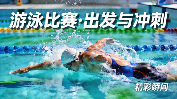 游泳比赛出发与冲刺瞬间短视频封面，泳池中的运动员水花四溅