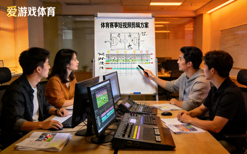 爱游戏体育内容团队工作场景，成员们围坐讨论体育赛事短视频剪辑方案
