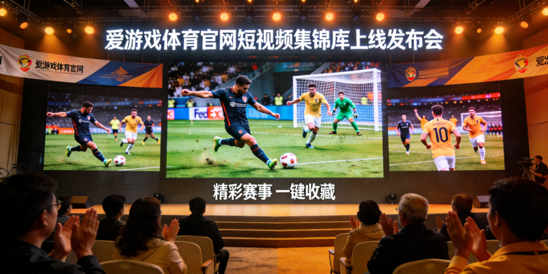 爱游戏体育官网短视频集锦库上线发布会现场，大屏幕展示足球比赛的精彩瞬间