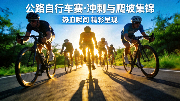 公路自行车赛冲刺与爬坡镜头集锦短视频封面，车手们在赛道上骑行