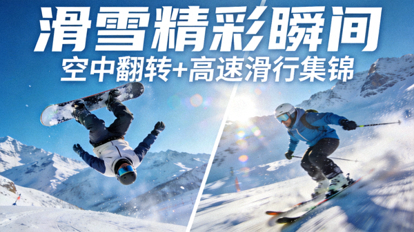 滑雪运动员空中翻转和高速滑行精彩动作集锦短视频封面，雪山背景