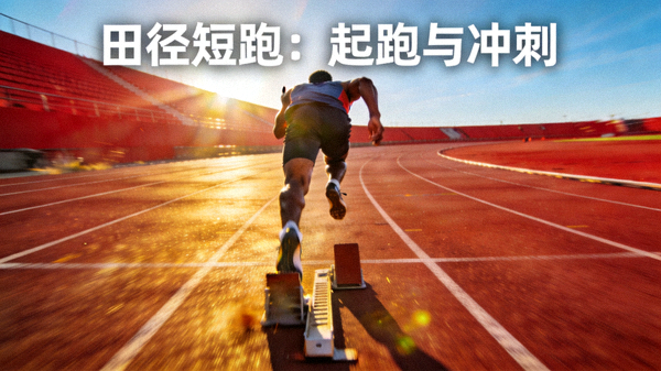 田径短跑比赛起跑与冲刺瞬间短视频封面，运动员在跑道上全力奔跑