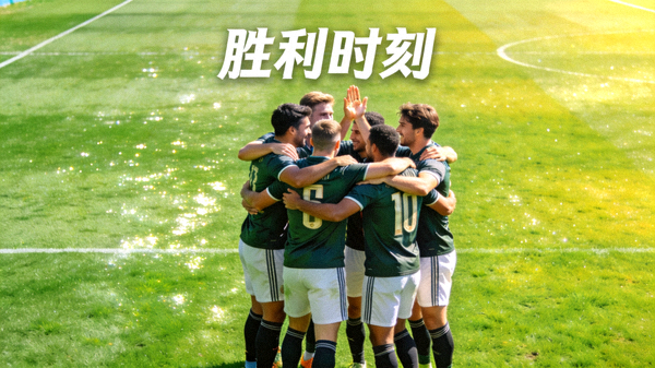 绿茵球场上球员庆祝进球的团队合影短视频封面画面